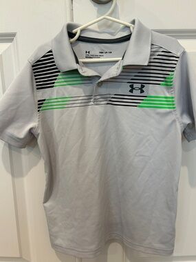 Boys Under Armour golf Light Gray Polo with Neon Green & Black Stripes